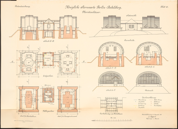 Ausführliches architektonisches Zeichnung eines Gebäudes mit zahlreichen Fenstern, Ansichten und Plänen für den Berliner-Bakliskberg, mit detaillierten Skizzen und Anmerkungen auf altem Papier.