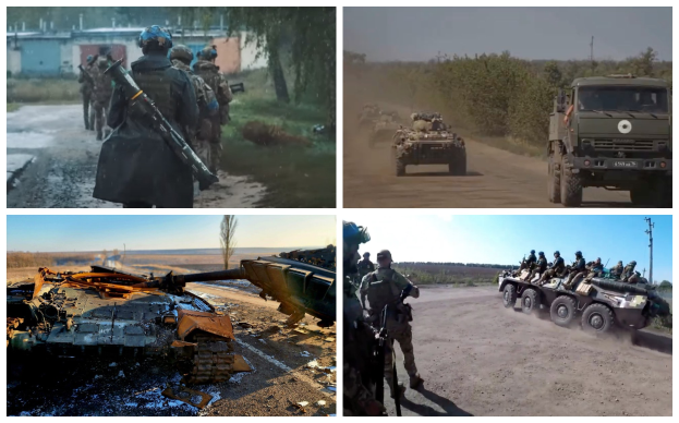 Vier Bilder, die ukrainische Soldaten in Aktion zeigen: Soldaten in Ausrüstung mit Waffen, ein Panzer auf der Straße, Personal in Fahrzeugen und ein zerstörtes Fahrzeug.