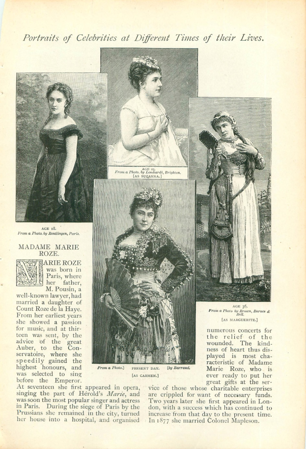 Altes Buchcover mit dem Titel "Porträts von Prominenten zu verschiedenen Zeiten ihres Lebens" mit einer zentralen Illustration einer Frau in einem hochgeschlossenen, langärmeligen Kleid mit ihrem Haar zu einem Knoten gebunden.