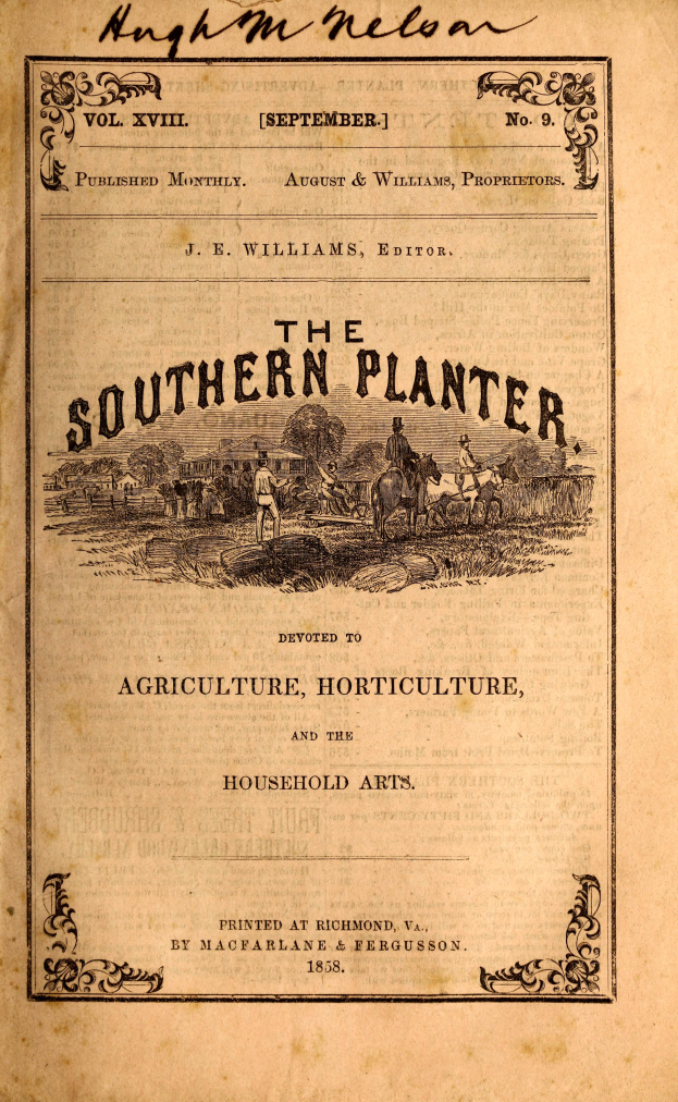 Ein altes Buch mit dem Titel "The Southern Planter" und einer Illustration auf dem Cover von landwirtschaftlichen Landschaften und Haushaltsszenen.