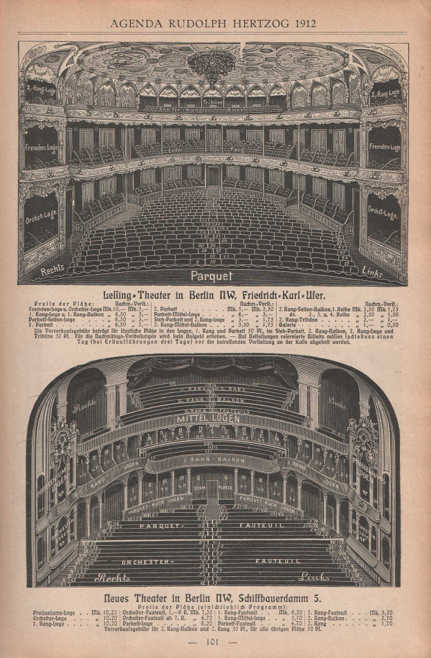 Ein altes Buch mit einer Zeichnung eines großen Auditoriums in Berlin, Deutschland aus dem Jahr 1912, samt begleitendem Text zur Beschreibung des Theaters.