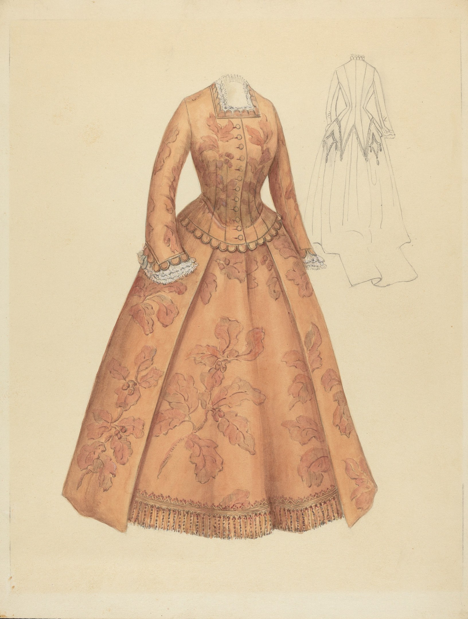 Ausführliches 18. Jahrhundert Kostüm-Design-Zeichnung eines bodenlangen Kleides mit hohem Kragen, floral gemustertem Oberteil in Rosa, Lila und Blau und einer Spitzenbesetzten Röcke.
