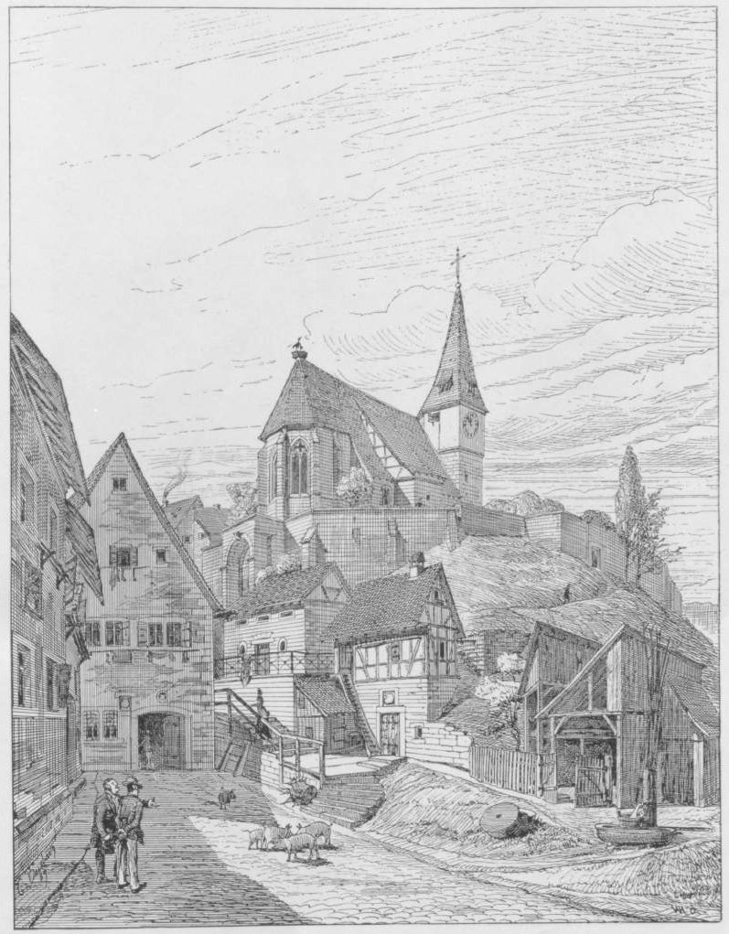 Schwarz-weiß-Illustration einer StraßenSzene in Heidelberg, Deutschland, mit einer Kirche im Hintergrund und umgeben von Gebäuden, Menschen, Tieren, Bäumen und Himmel, mit der Bildunterschrift "Die Kirche der Heiligen Dreifaltigkeit im alten Stadtkern von Heidelberg, Deutschland" unten.