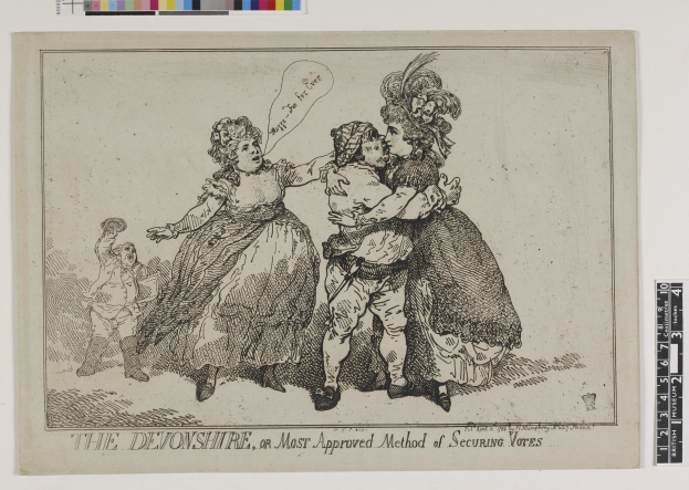 Papier mit einer Zeichnung von drei Menschen (zwei Frauen, ein Mann), betitelt "The Devonshire, or Most Approved Method of Securing Votes", mit Farboptionen oben.