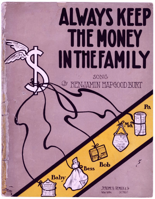 Ein Plakat mit der Aufschrift "Immer das Geld in der Familie lassen" in fetter schwarzer Schrift auf einem weißen Hintergrund, das eine farbenfrohe Illustration einer strahlenden Familie von vier Personen zeigt, die in einem Kreis unter einem hellblauen Himmel mit weißen Wolken stehen.