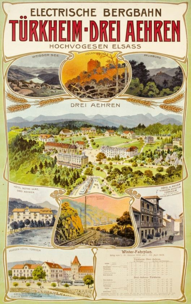 Plakat bewirbt Bergbahn, Deutschland als elektrischen Stadtstaat mit Bildern von Gebäuden, Bäumen, Hügeln und beschreibendem Text.