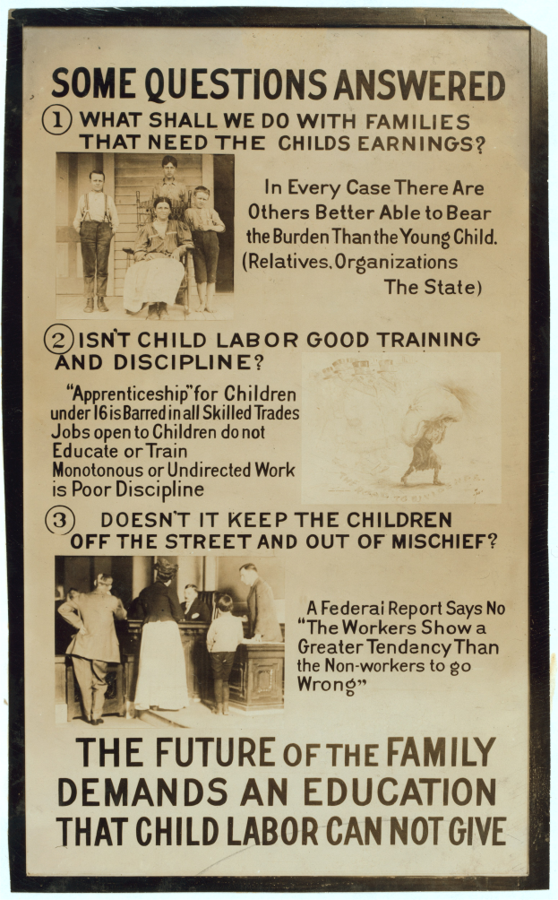 Ein Plakat mit einem hellgelben Hintergrund zeigt eine Gruppe von Menschen verschiedenen Alters, Geschlechts und Ethnien, die gemeinsam in einem Kreis stehen, mit der Aufschrift 'Die Zukunft der Familie verlangt eine Bildung, die Kinderarbeit nicht geben kann.'