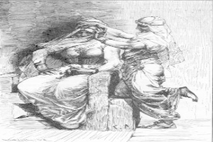 Eine Schwarz-Weiß-Zeichnung einer trauernden Frau in einem langen Kleid, die auf einer Bank sitzt, mit einem Mann dahinter, der die Arme verschränkt, unter dem Text "Der Tod einer Frau".