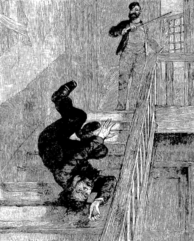 Eine Schwarz-Weiß-Illustration eines Mannes, der die Treppe hinunterfällt, mit einer Person auf der Treppe, die einen Stock hält, und Text unten.