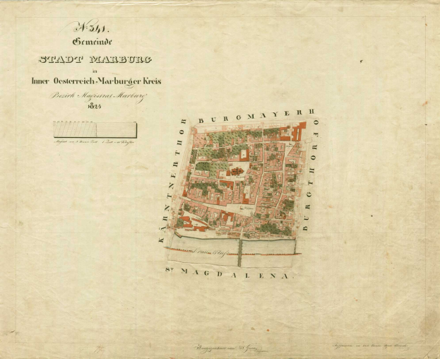 Detailierte alte Stadtplan von Marburg mit Straßen, Gebäuden, Sehenswürdigkeiten und Text mit Bevölkerungs- und Standortinformationen.