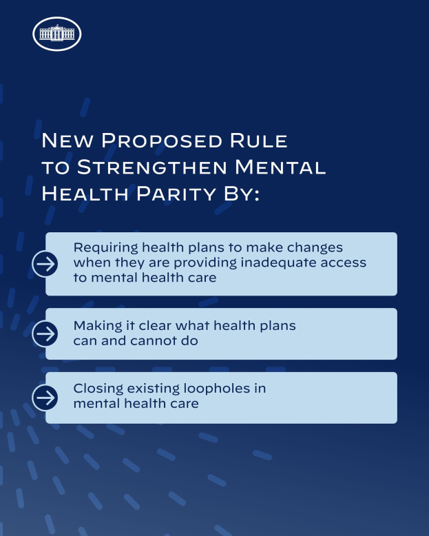 Blauer Hintergrund mit weißer Schrift und einem weißen Kreis-Logo mit einer blauen Umrandung, das eine neue Regel zur Stärkung der geistigen Gesundheit umrandet.