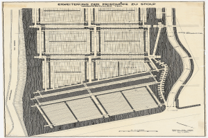 Ein altes Stadtplan von einer Stadt mit zahlreichen Gebäuden und einem Stadtplan, mit Text, der das Stadtlayout beschreibt.