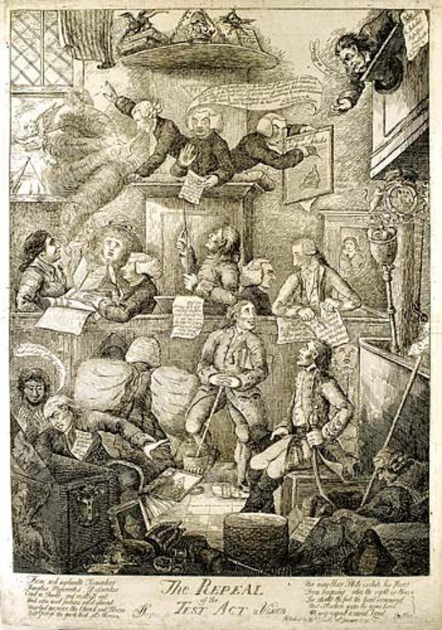 Gravur von Menschen, die um einen Tisch in einem Raum sitzen, einige halten Papiere mit der Inschrift "Die Aufhebung des Test Act" am unteren Rand.