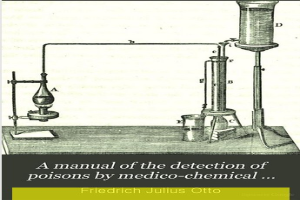 Ein Plakat mit einem zentralen Bild eines mit Flüssigkeit gefüllten Reagenzglases, umgeben von anderen Reagenzgläsern und Reagenzröhrchen, mit dem Text "Ein Handbuch der Giftnachweise durch Medizinalchemie" unten.