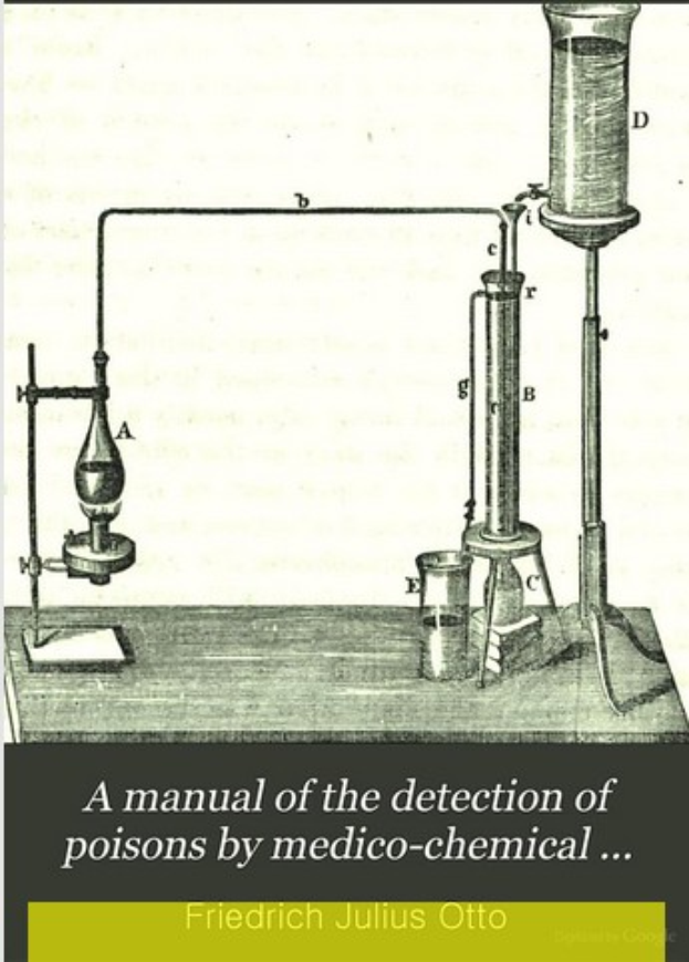 Ein Plakat mit einem zentralen Bild eines mit Flüssigkeit gefüllten Reagenzglases, umgeben von anderen Reagenzgläsern und Reagenzröhrchen, mit dem Text "Ein Handbuch der Giftnachweise durch Medizinalchemie" unten.
