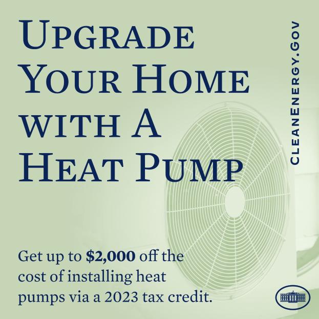 Plakat wirbt für Heizpumpen-Upgrades, zeigt ein Bild einer Heizpumpe und den Text "Upgrade Your Home with a Heat Pump."