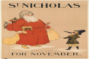 Ein Buchumschlag mit der Aufschrift "Sankt Nikolaus für November" mit Santa Claus und einem Kind darauf.
