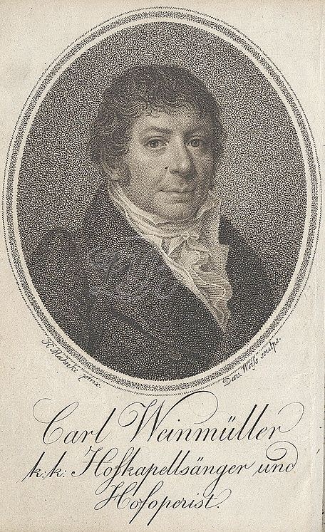 Altes Buchcover mit einem Porträt von Carl Weimiller, einem deutschen Komponisten, in einem schwarzen Anzug mit ernstem Gesichtsausdruck.