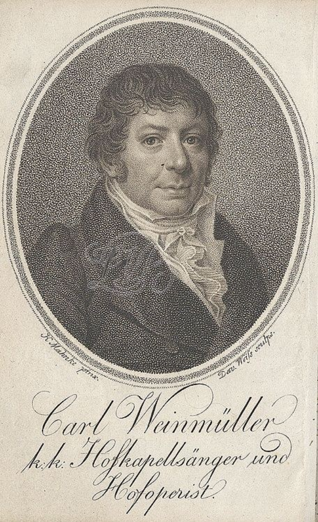 Altes Buchcover mit einem Porträt von Carl Weimiller, einem deutschen Komponisten, in einem schwarzen Anzug mit ernstem Gesichtsausdruck.