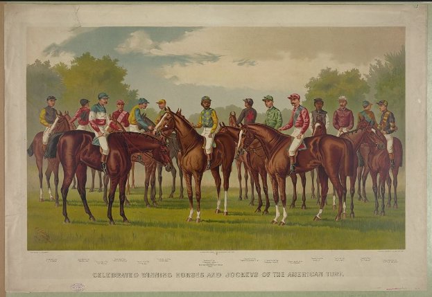 Gruppe von Menschen, die auf Pferden durch eine grüne Wiese mit Bäumen und einem blauen Himmel reiten, mit dem Text "Feier der siegreichen Pferde und Jockeys des amerikanischen Turfs" unten.
