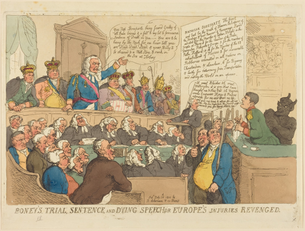 Cartoon von einer Gerichtsszene mit dem Titel "Boney's Trial, Sentence, and Dying Speech Europe's Injuries Revenged" zeigt eine zentrale stehende Person und sitzende Figuren, mit einem Tisch voller Gegenstände auf der rechten Seite.