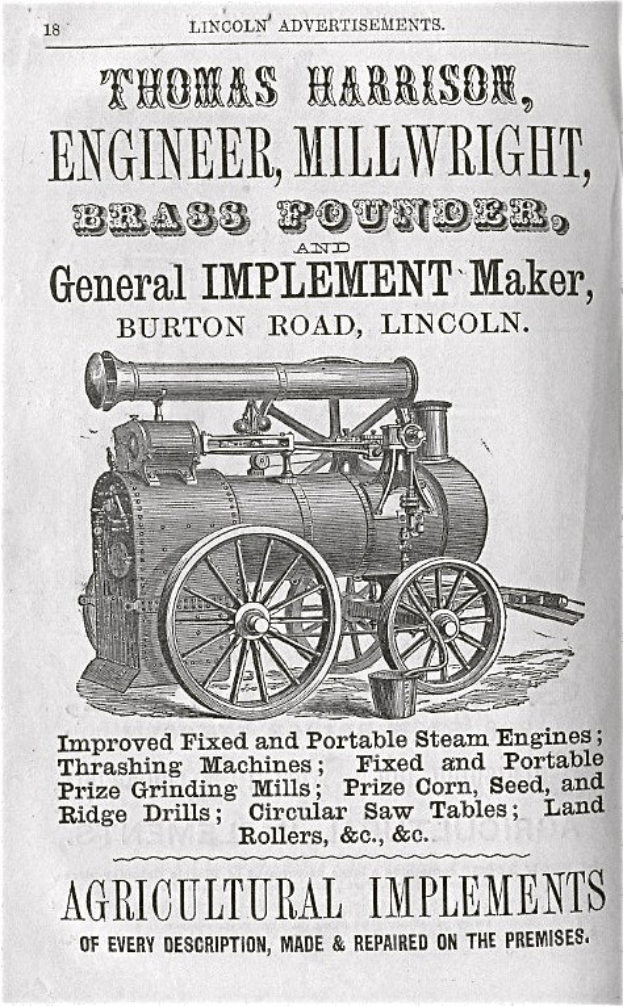 Anzeige für Thomas Harrison, Ingenieur, Müller, Messingformer und Universalmaschinenhersteller, mit einem Bild und beschreibendem Text.