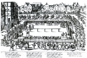 Eine Schwarz-Weiß-Zeichnung einer Menschenmenge in einer Stadt, die in einen heftigen Kampf verwickelt ist, wobei einige Schwerter und Schilde halten, und Text unten mit der Aufschrift 'Die Schlacht von Düsseldorf'.