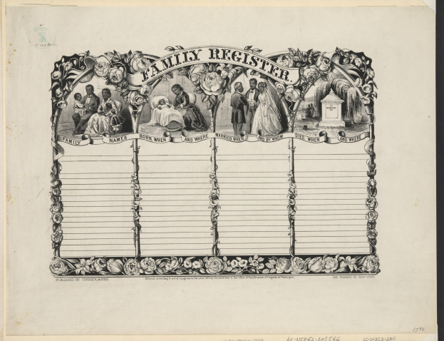 Schwarz-weißes Familienregister mit einem Gruppenfoto in der Mitte und handgeschriebenem Text, der die Familienmitglieder auflistet.