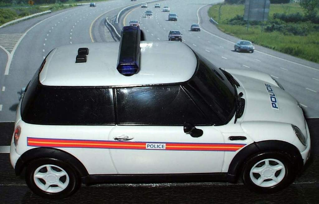 Weißer Polizeiwagen mit "Polizei" Aufschrift auf einer Landstraße, umgeben von fließendem Verkehr, Gras und Bäumen.