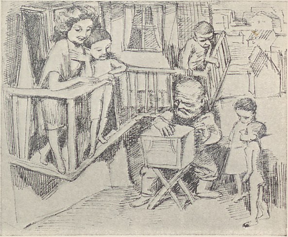 Eine Zeichnung einer Familie in einem Wohnzimmer, mit einem Mann auf einem Stuhl sitzend, einer Frau neben ihm stehend, die ein Baby hält, und anderen Anwesenden, einschließlich eines Fensters im Hintergrund und Text unten.