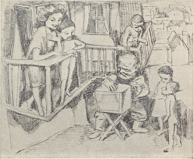 Eine Zeichnung einer Familie in einem Wohnzimmer, mit einem Mann auf einem Stuhl sitzend, einer Frau neben ihm stehend, die ein Baby hält, und anderen Anwesenden, einschließlich eines Fensters im Hintergrund und Text unten.