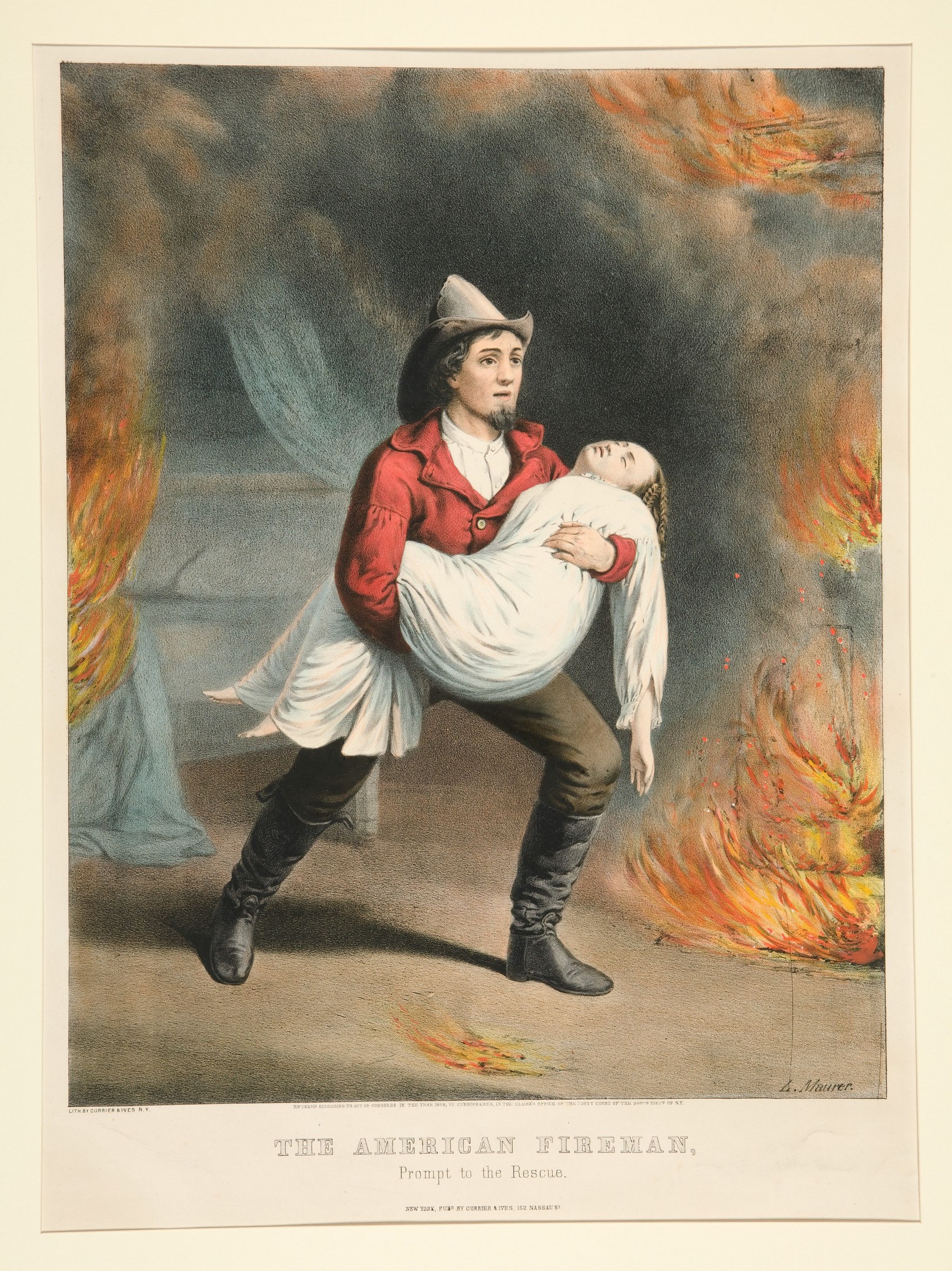 Amerikanischer Feuerwehrmann trägt Frau durch Feuer und Rauch, mit Text "Der amerikanische Feuerwehrmann, schnell zur Stelle" unten.