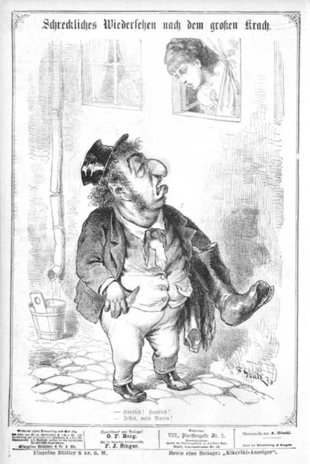 Karikatur eines Mannes mit Zylinder und einer Frau in einem Kleid mit einer Wand, einem Fenster, einem Eimer und anderen Gegenständen im Hintergrund, mit Text unten, der "F. J. Singer, der erste deutsche Politiker, der in den Kongress gewählt wurde" lautet.