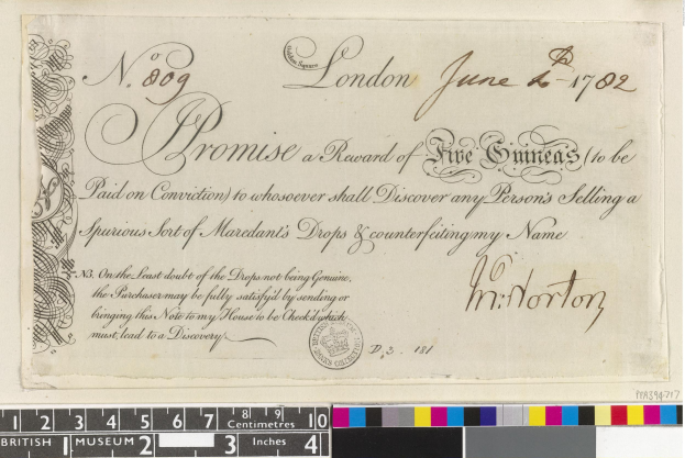 Altes Dokument mit handgeschriebenem Text, offizieller Stempel und Farbskalen, die eine Belohnung von fünf Emiraten für die Meldung von Fälschungen angeben.