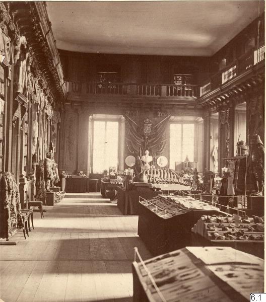 Schwarzes und weißes Foto eines Raums im Museum of Fine Arts, London, gefüllt mit Tischen, Stühlen, Skulpturen an den Wänden, Fenstern, Vorhängen und Geländern.