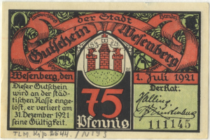Ein altes deutsches Banknote mit einer Gebäudeillustration, mit dem Text "Bundesliga" und einem Logo unten, vor einem weißen Hintergrund.