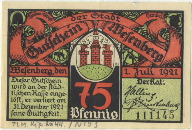 Ein altes deutsches Banknote mit einer Gebäudeillustration, mit dem Text "Bundesliga" und einem Logo unten, vor einem weißen Hintergrund.