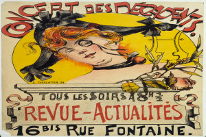 Ein Plakat, das ein Konzert der Decadents ankündigt und eine Frau mit einem menschlichen Gesicht zeigt sowie Text über das Ereignis.