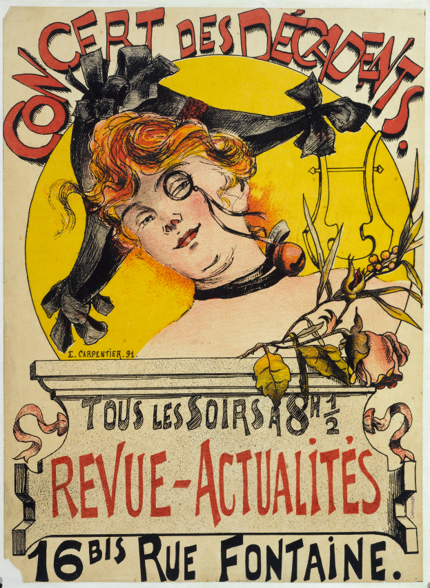 Ein Plakat, das ein Konzert der Decadents ankündigt und eine Frau mit einem menschlichen Gesicht zeigt sowie Text über das Ereignis.