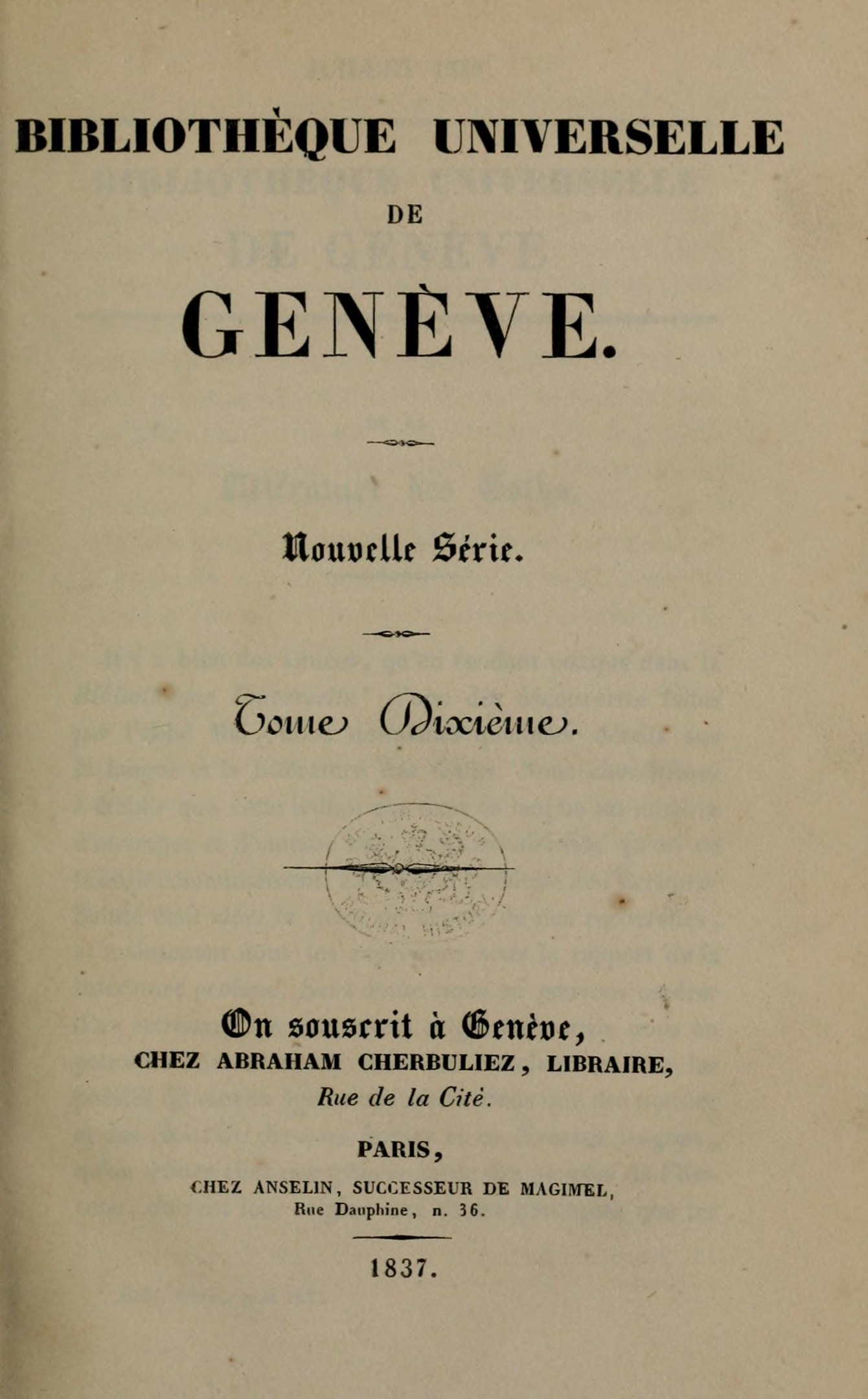 Altes Buch mit dem Titel 'Bibliothèque Universelle de Geneve' zeigt Text im Inneren.