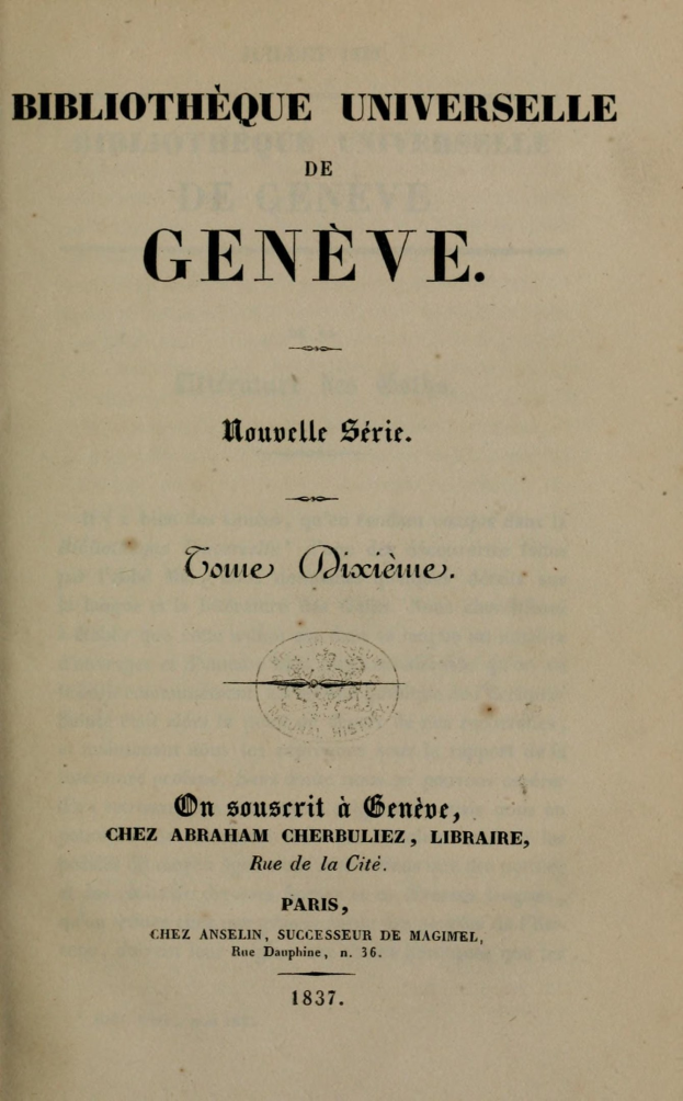Altes Buch mit dem Titel 'Bibliothèque Universelle de Geneve' zeigt Text im Inneren.