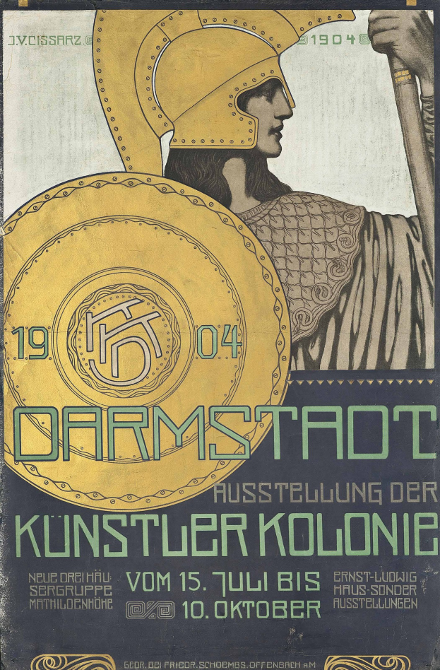 Plakat für ein 1904er Konzert in Berlin mit einer Helme tragenden Figur, die ein Schild hält, und der Aufschrift «Darmstadt» und «Künstler Kolonie»