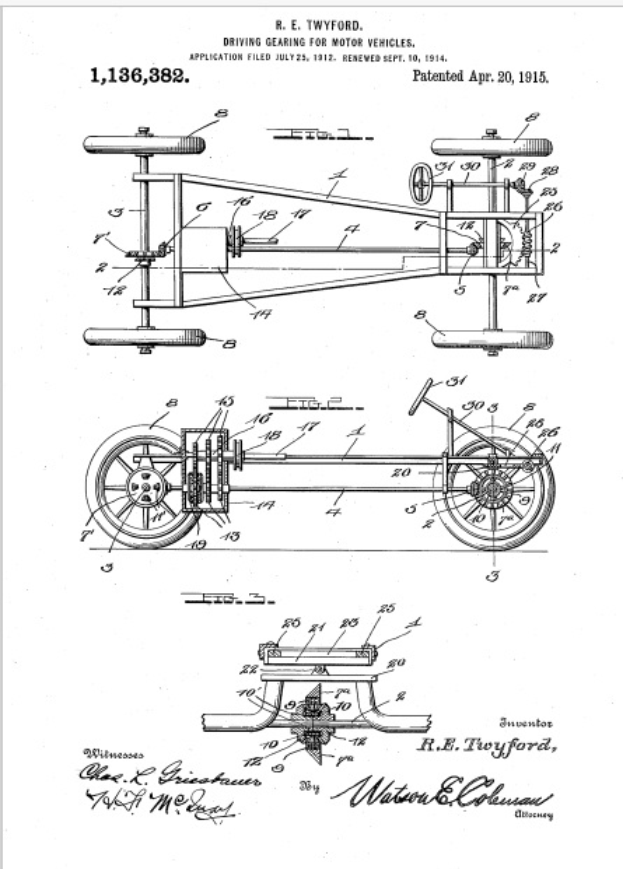 Ein detailliertes Schwarz-Weiß-Patentbild eines frühen 20. Jahrhundert-Autos, das ein Lenkrad und einen Lenkmechanismus zeigt, mit beschreibendem Text auf dem umliegenden Papier.
