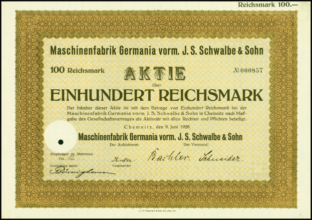 Ein altes deutsches Aktienzertifikat mit goldener Umrandung und schwarzer Schrift, gerahmt mit einem schwarzen Rand.