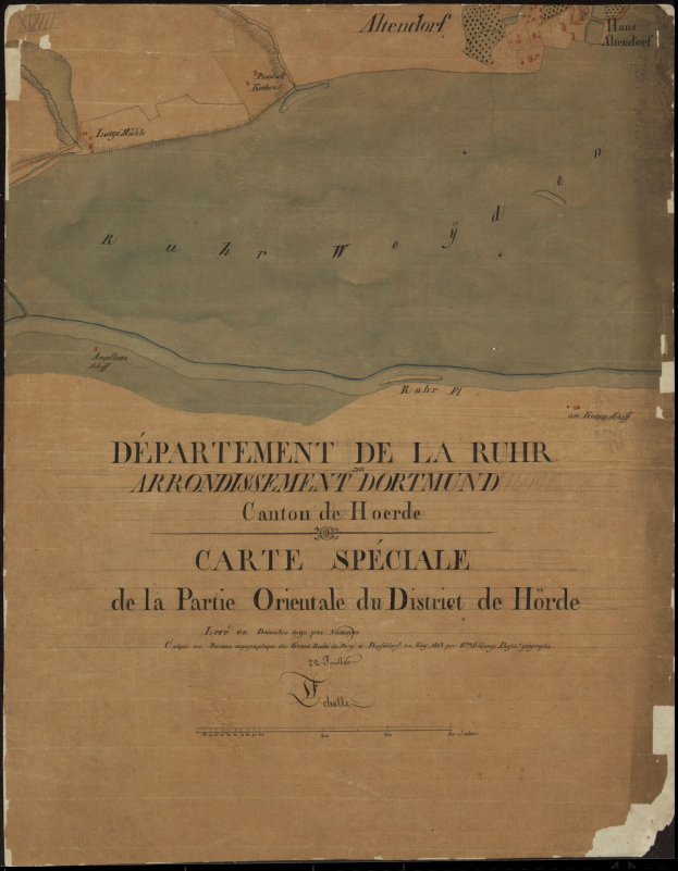 Ausführliche alte Karte von Ruhr, Deutschland, die Straßen, Gebäude, Sehenswürdigkeiten und Text mit historischen und geografischen Informationen zeigt.