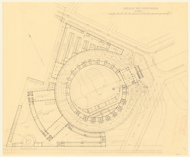 Schwarz-weißer Architekturplan eines Stadions mit umliegenden Gebäuden, beschriftet als der vorgeschlagene Sport Hall in London, mit handschriftlichen Textanmerkungen.
