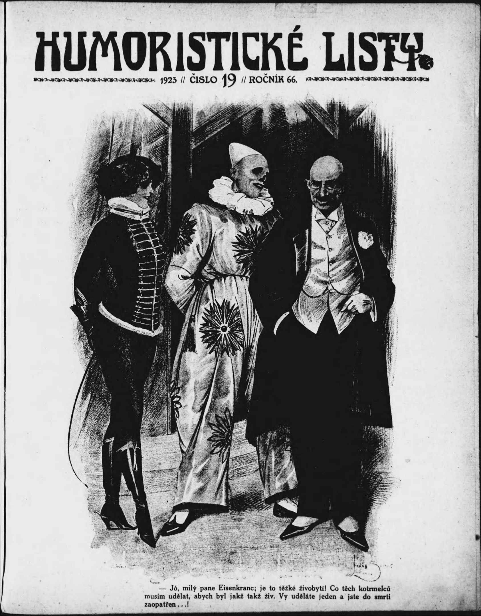 Schwarzer und weißer 1923er Plakat titled 'Humoristic Listy' featuring three people in the center with human faces, conveying a humorous tone.