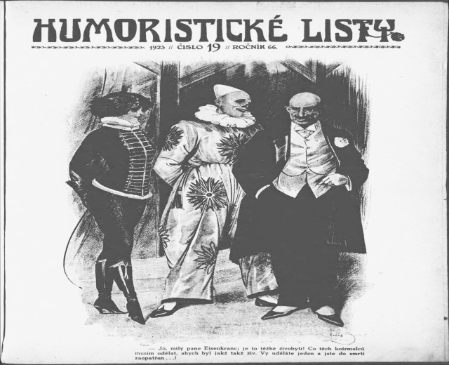 Schwarzer und weißer 1923er Plakat titled 'Humoristic Listy' featuring three people in the center with human faces, conveying a humorous tone.