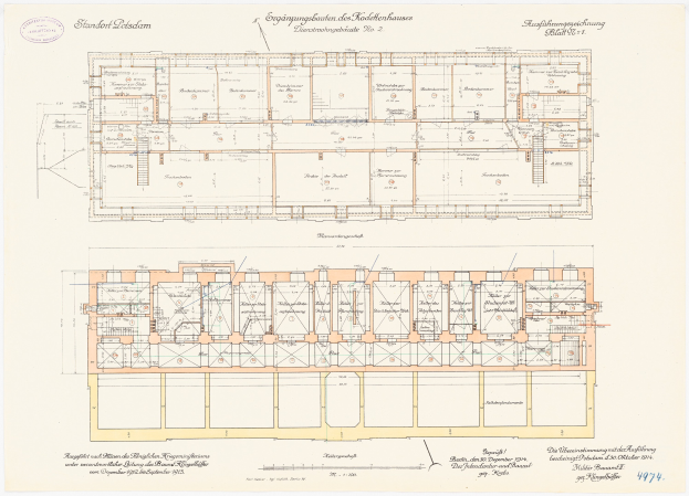 Ein detaillierter Grundrissplan eines Gebäudes mit zahlreichen Räumen, der als Originalplan des Stadtplatzes in Dresden, Deutschland, gilt, mit umfassenden Layoutdetails und begleitendem Text.