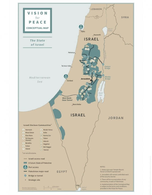 Plakat mit der Aufschrift "Vision für Friedenskonzept-Kartenskizze" mit einer farbcodierten Karte Israels und fetter schwarzer Schrift oben.